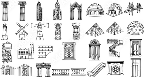 Architectural and Construction Buildings, Structures, and Elements: Black and White Line Art Sketch Icons Set for Design and Engineering