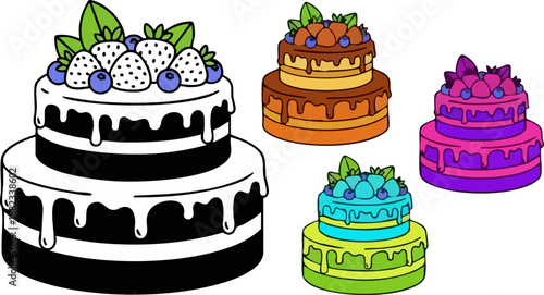 Collection of delicious illustrated tiered birthday cakes decorated with fresh berries and dripping frosting designs on white background
