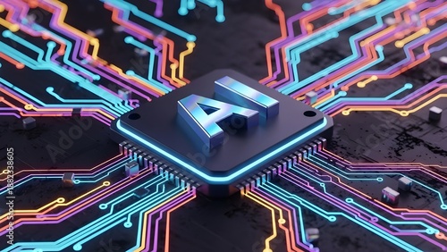 AI Microchip Processor with Colorful Circuit Board Connections