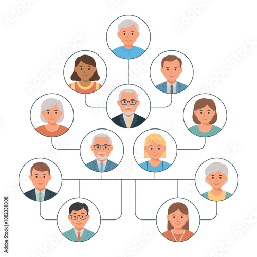 A stylized family tree illustration showing interconnected generations and relationships.