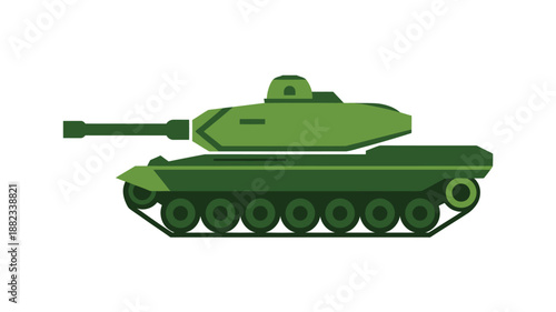 A green military tank with a cannon and treads is depicted in a flat illustration style.