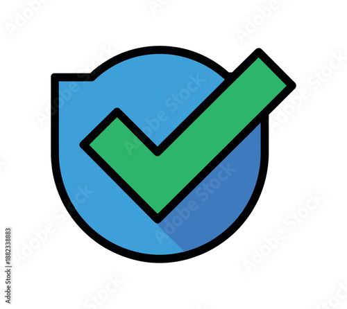 A blue shield icon with a green checkmark symbol indicates a security or confirmation status.
