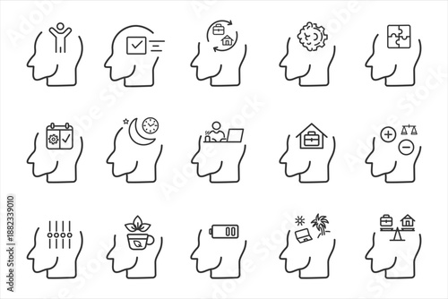 Minimal line icon collection representing employee mental health, burnout recovery, and stress management in modern work environments. Ideal for corporate wellness, HR, business presentations.