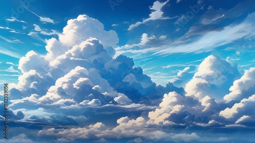 Fluffy white clouds on a bright blue sky. Ideal for naturethemed designs, backgrounds, or inspirational content.
