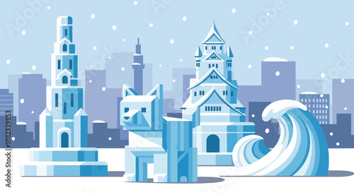 Snowy City Ice Art Scene at Sapporo Snow Festival – Winter Urban Art in Japan – Poster Illustration – vector illustration