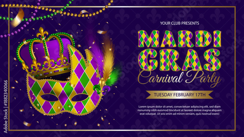mardi banner with mask with feathers and crown. mardi gras carnival party flyer