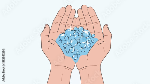 Hands cupped with blue soap suds and bubbles for hygiene.