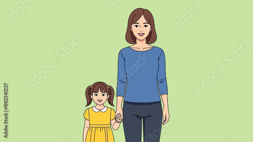 Mother and daughter holding hands standing together smiling happily.