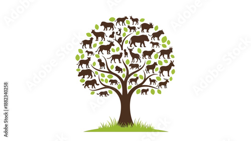 Tree of Life with diverse animal silhouettes representing evolution and biodiversity.