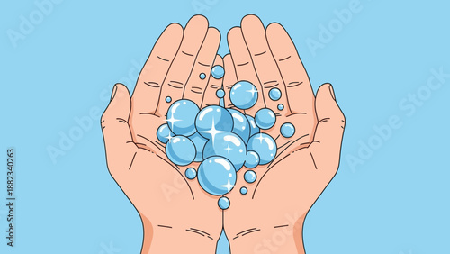Hands holding soap bubbles for hygiene and cleanliness.