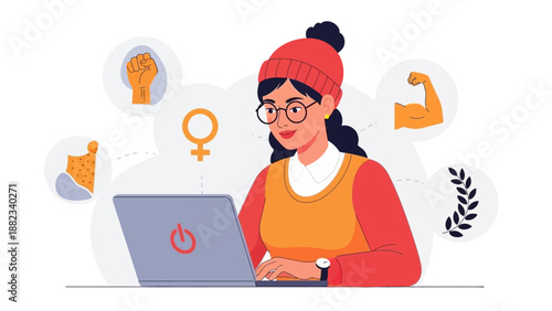 Woman working on laptop surrounded by feminist and empowerment symbols.