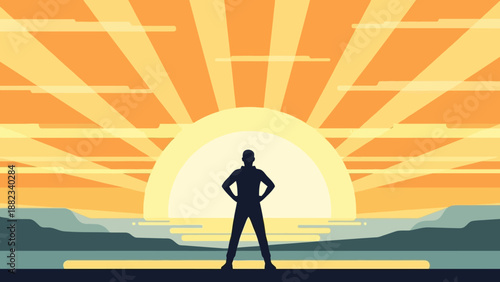 Silhouette of a person standing confidently against a bright sunrise.