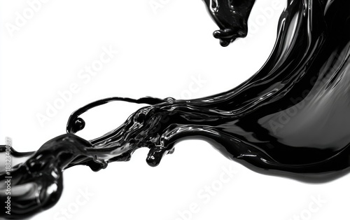 Viscous black liquid splashes and swirls against a stark white background