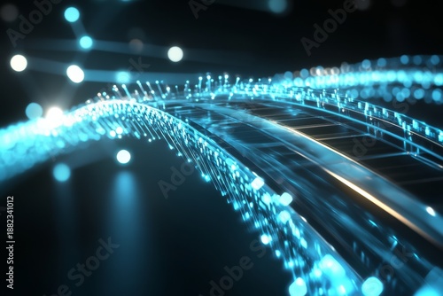 Connecting data transfer and connectivity through a 3D bridge with glowing beams of blue and silver in a virtual environment