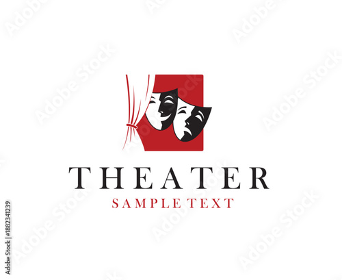 icon of comedy and tragedy theatrical masks with curtains isolated on white background
