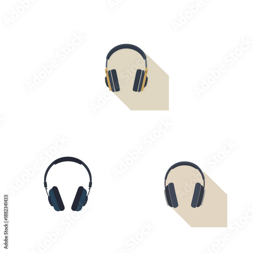 Stylish flat design audio headphones vector icon set with long shadows, illustrating modern music, sound technology, and immersive listening experiences for various digital concepts