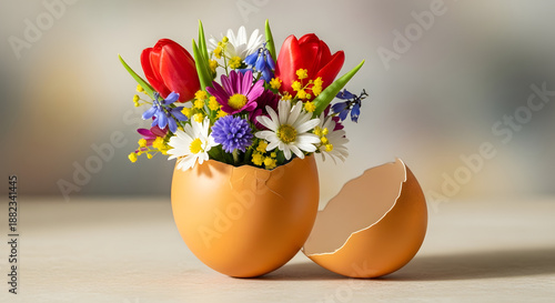 Easter flowers in a broken eggshell vase on a table