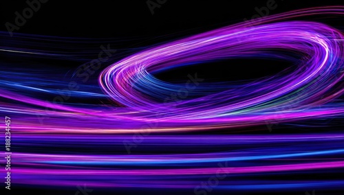 Swirling neon light trails dance across a dark backdrop