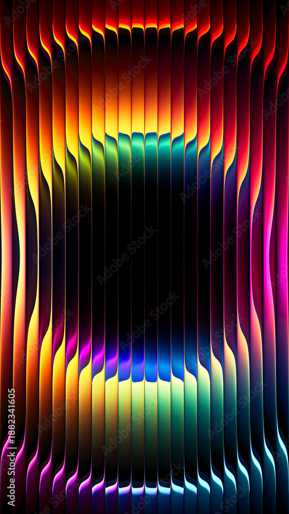 Fototapeta premium Ultra colorful futuristic fractal glass background with intense circular gradient flowing through ribbed wavy surface creates powerful depth optical refraction for creative visual design. 3d render