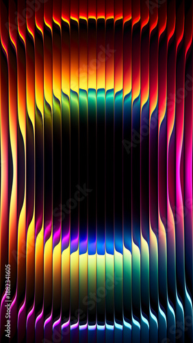Ultra colorful futuristic fractal glass background with intense circular gradient flowing through ribbed wavy surface creates powerful depth optical refraction for creative visual design. 3d render