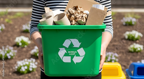 Green Recycling Bin Filled with Paper and Cardboard Waste