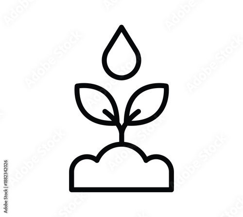 Simple Minimalist Illustration of a Plant with Water Drop Symbolizing Growth