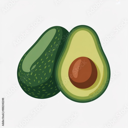 A vector graphic illustration of a whole avocado and a halved avocado with a pit