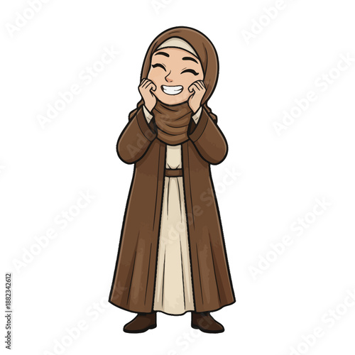 Joyful cartoon child wearing a modest hijab and traditional abaya with a wide smile
