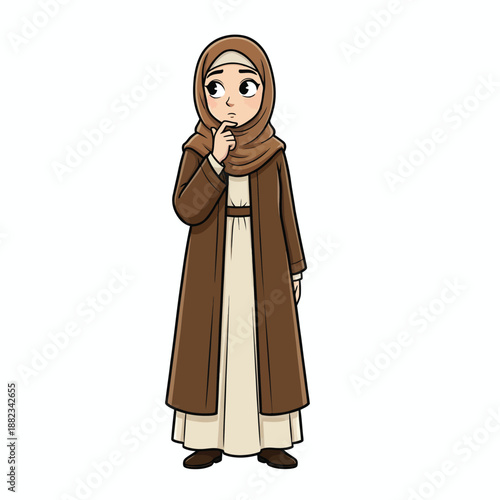 Young woman in hijab contemplating a thoughtful decision with a hand on her chin