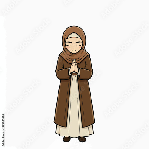 Charming illustration of a young girl wearing a hijab and traditional modest clothing with hands