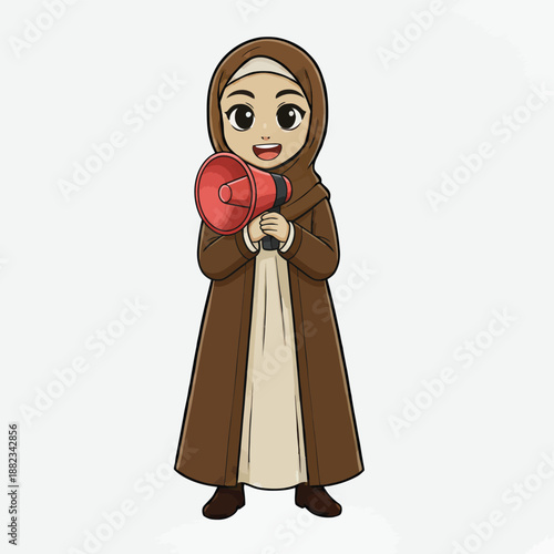 Animated young girl in hijab holding a red megaphone announcing important news with enthusiasm and