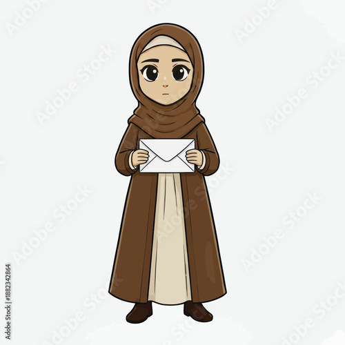 A Young Muslim Girl in Traditional Attire Holding an Envelope Illustration