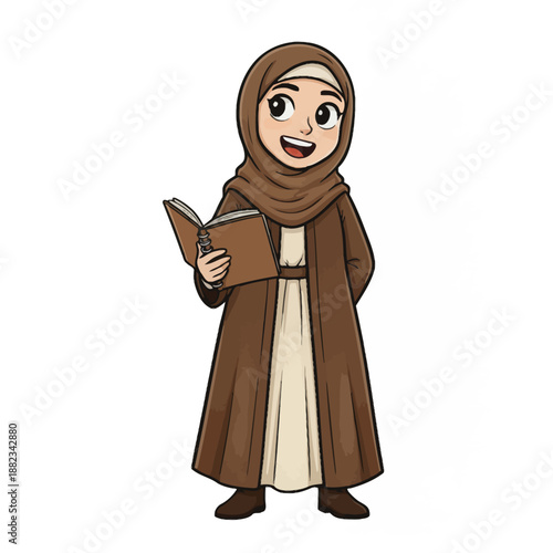 Joyful cartoon depiction of a young muslim girl in hijab holding an open book with educational