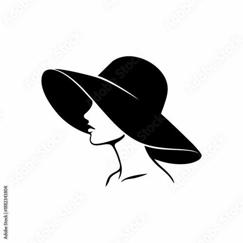 Elegant Woman Silhouette Wearing a Wide Brim Summer Hat Minimalist Vector Illustration
