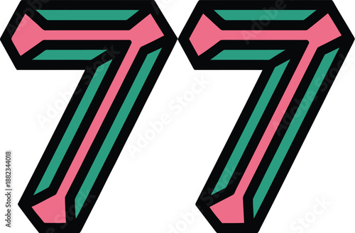 A stylized illustration of the number seventy-seven in pink and green