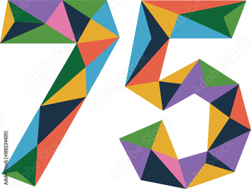 A colorful geometric illustration of the number seventy-five on a plain background