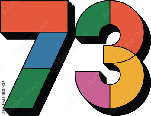 A colorful graphic illustration of the number seventy-three in bold, 3D font with multicolored sections.