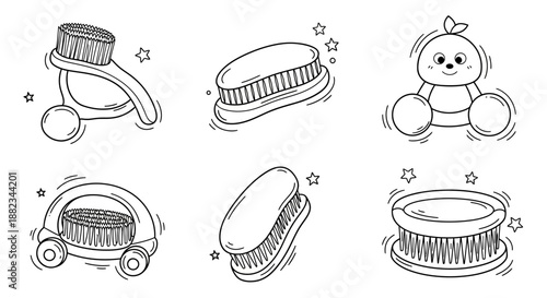 Hand Drawn Collection of Baby Brushes and Toy Illustrations.