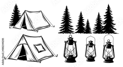Hand drawn collection of camping tents lanterns and pine trees.