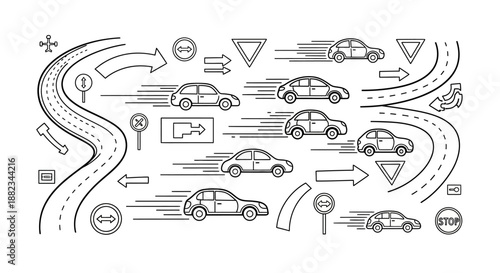 Hand drawn collection of cars driving on roads with traffic signs.