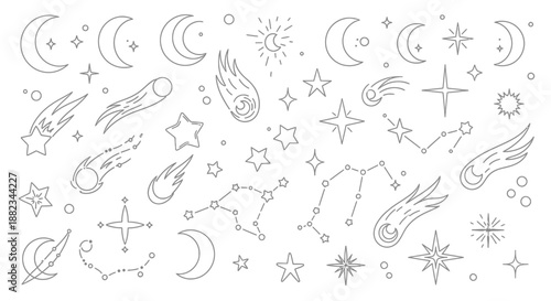 Hand drawn collection of celestial space elements and objects.