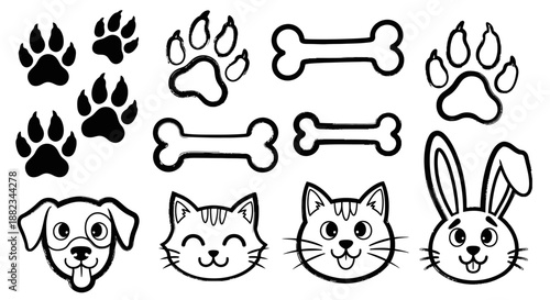 Hand drawn collection of cute pet faces and icons.