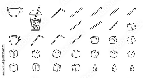 Hand drawn collection of drink elements including cups straws and ice cubes.