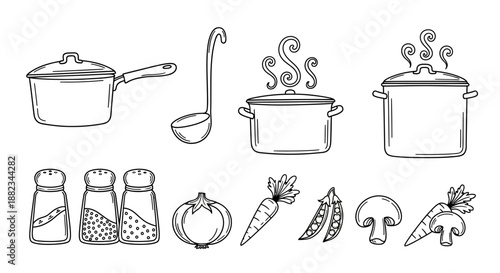 Hand drawn collection of cooking utensils and fresh vegetables.