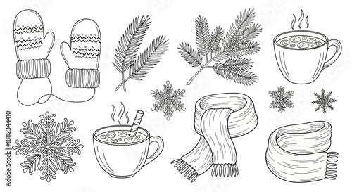 Hand drawn collection of winter essentials sketch illustration set.