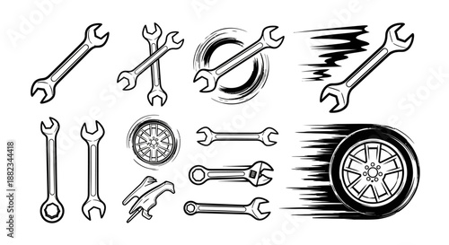 Hand drawn collection of wrenches and a speeding car wheel.