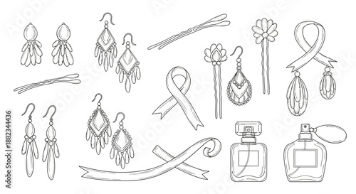 Hand drawn collection of womens fashion accessories and beauty products.