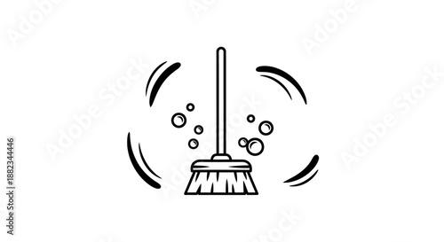 Hand drawn doodle broom with bubbles and swirling lines.