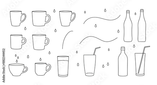 Hand Drawn Doodle Collection of Cups Mugs Glasses and Bottles.