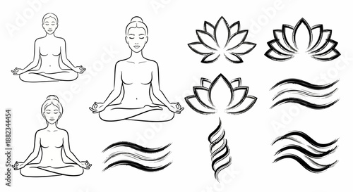 Hand drawn collection of yoga meditation symbols with woman in lotus pose and lotus flower illustrations.